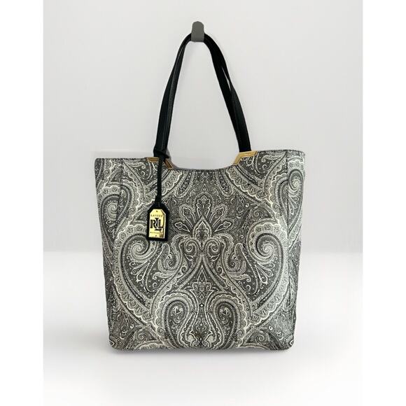 Lauren Ralph Lauren Handbags - Lauren Ralph Lauren Acadia Paisley Tote White Black Faux Leather Easy to Clean
